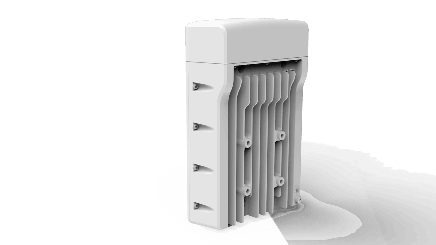 Cambium Networks cnWave V5000 back view with white plastic fins and mounting hardware