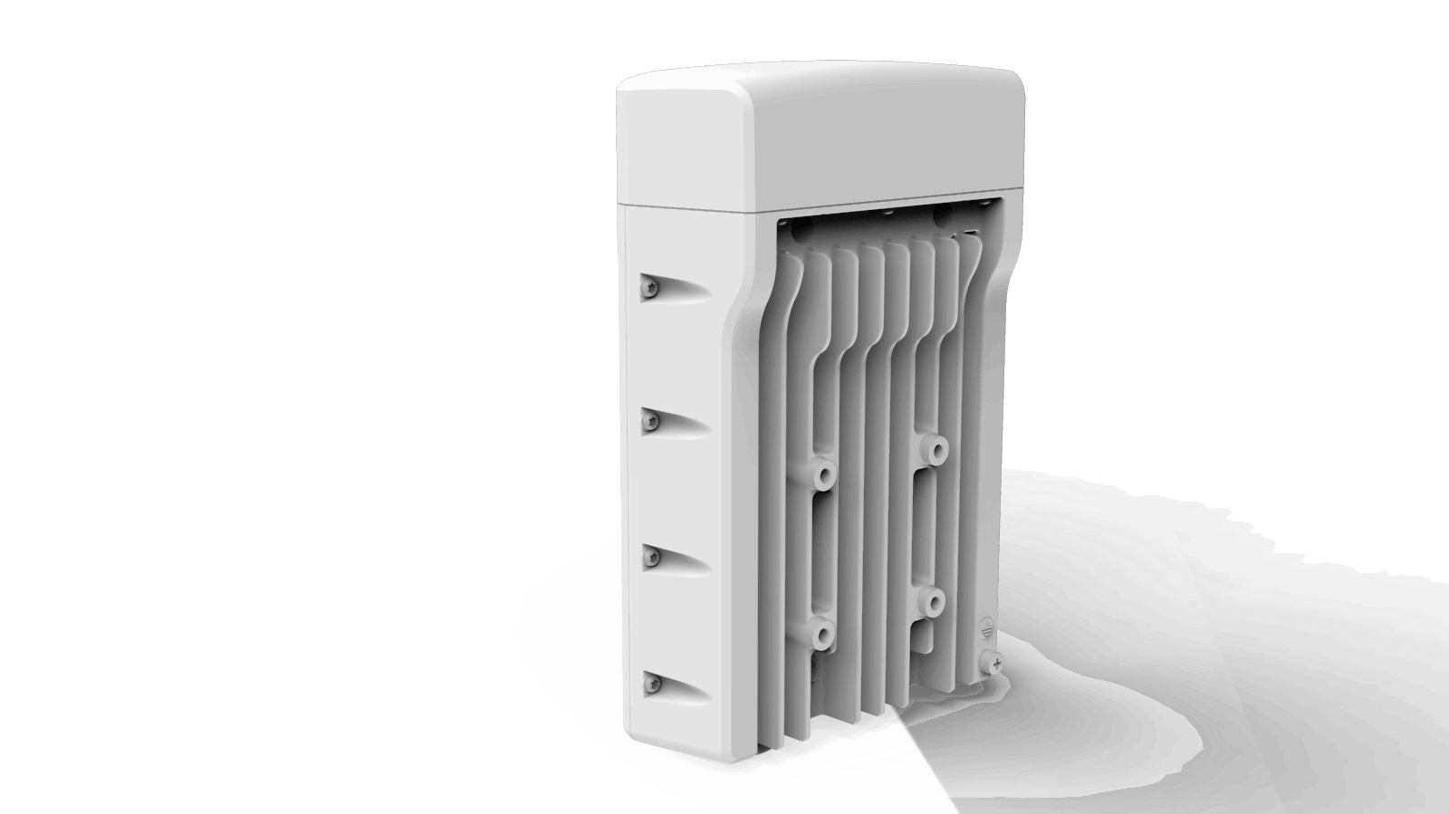 Cambium Networks cnWave V5000 back view with white plastic fins and mounting hardware