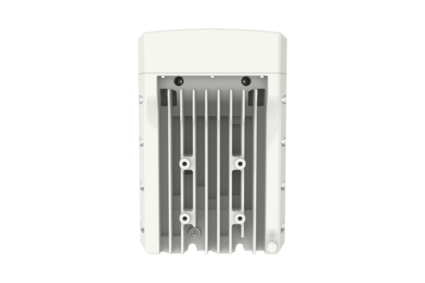 Back of Cambium Networks cnWave V5000 DN with white plastic fixture, cooling fins
