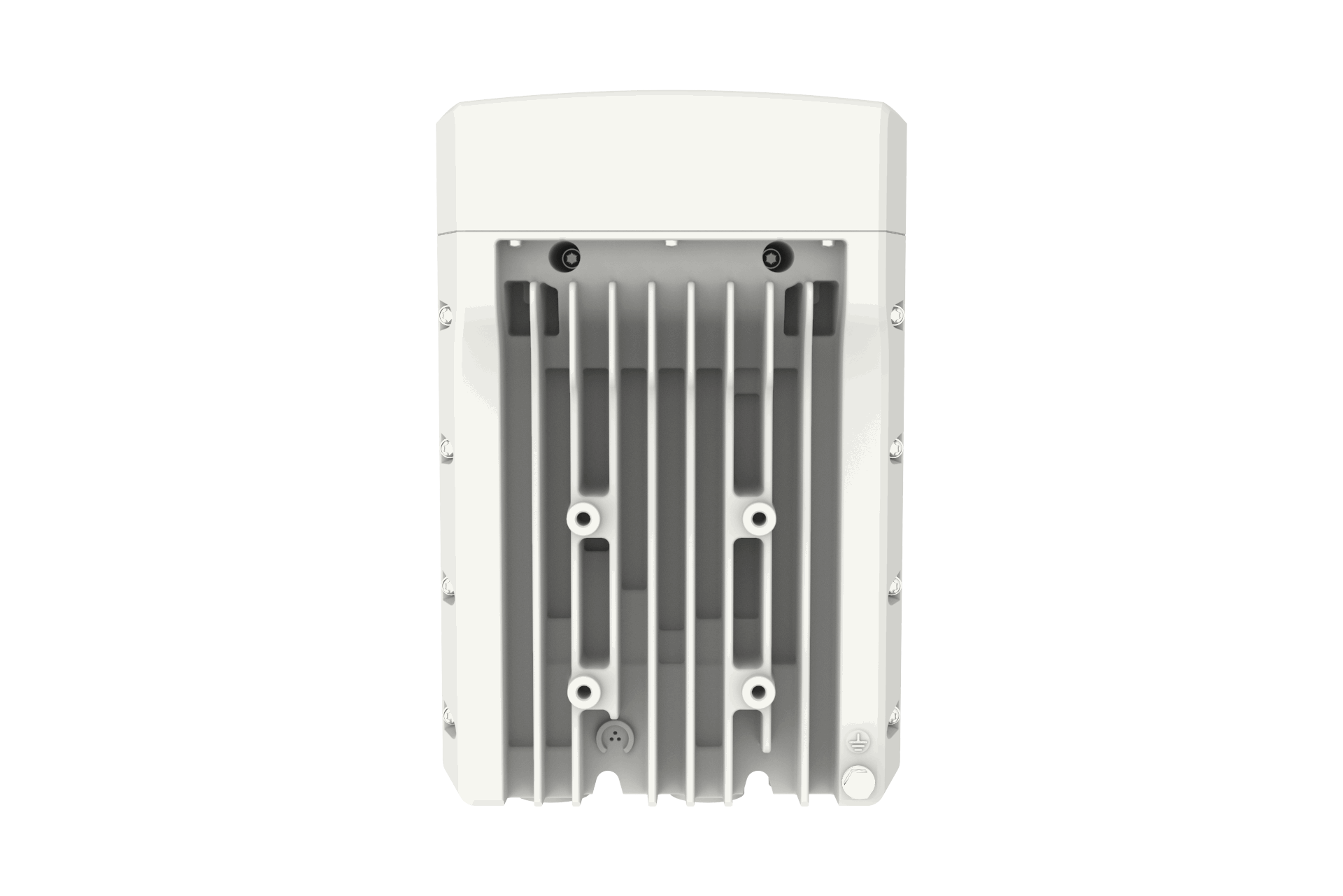 Back of Cambium Networks cnWave V5000 DN with white plastic fixture, cooling fins