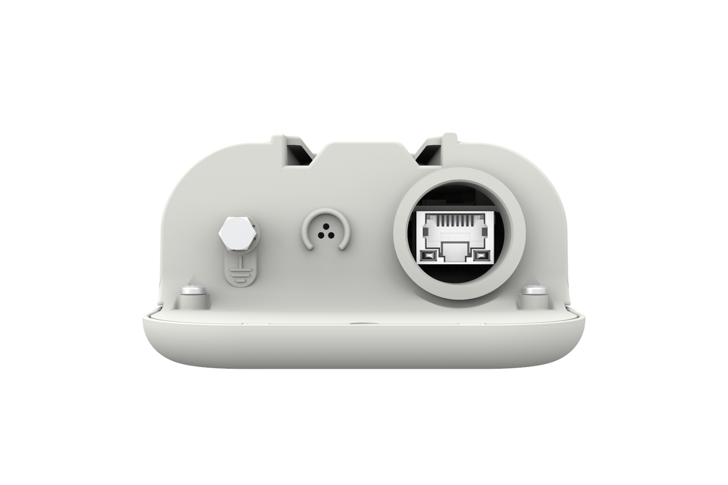 Cambium cnWave V1000 client node back with white plastic housing, circular ethernet port, hexagonal screw