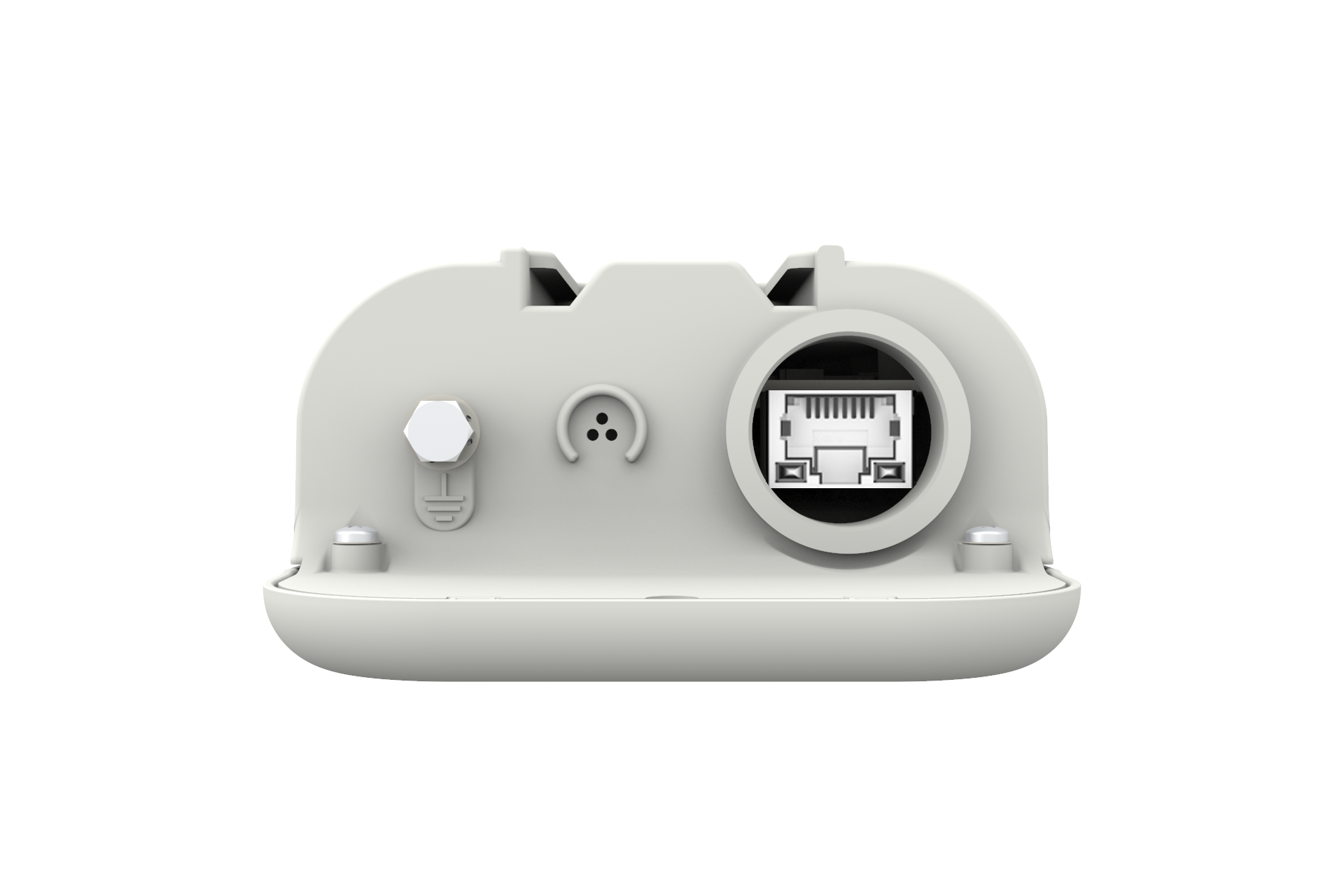 Cambium cnWave V1000 client node back with white plastic housing, circular ethernet port, hexagonal screw