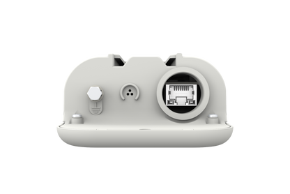 Cambium cnWave V1000 client node back with white plastic housing, circular ethernet port, hexagonal screw