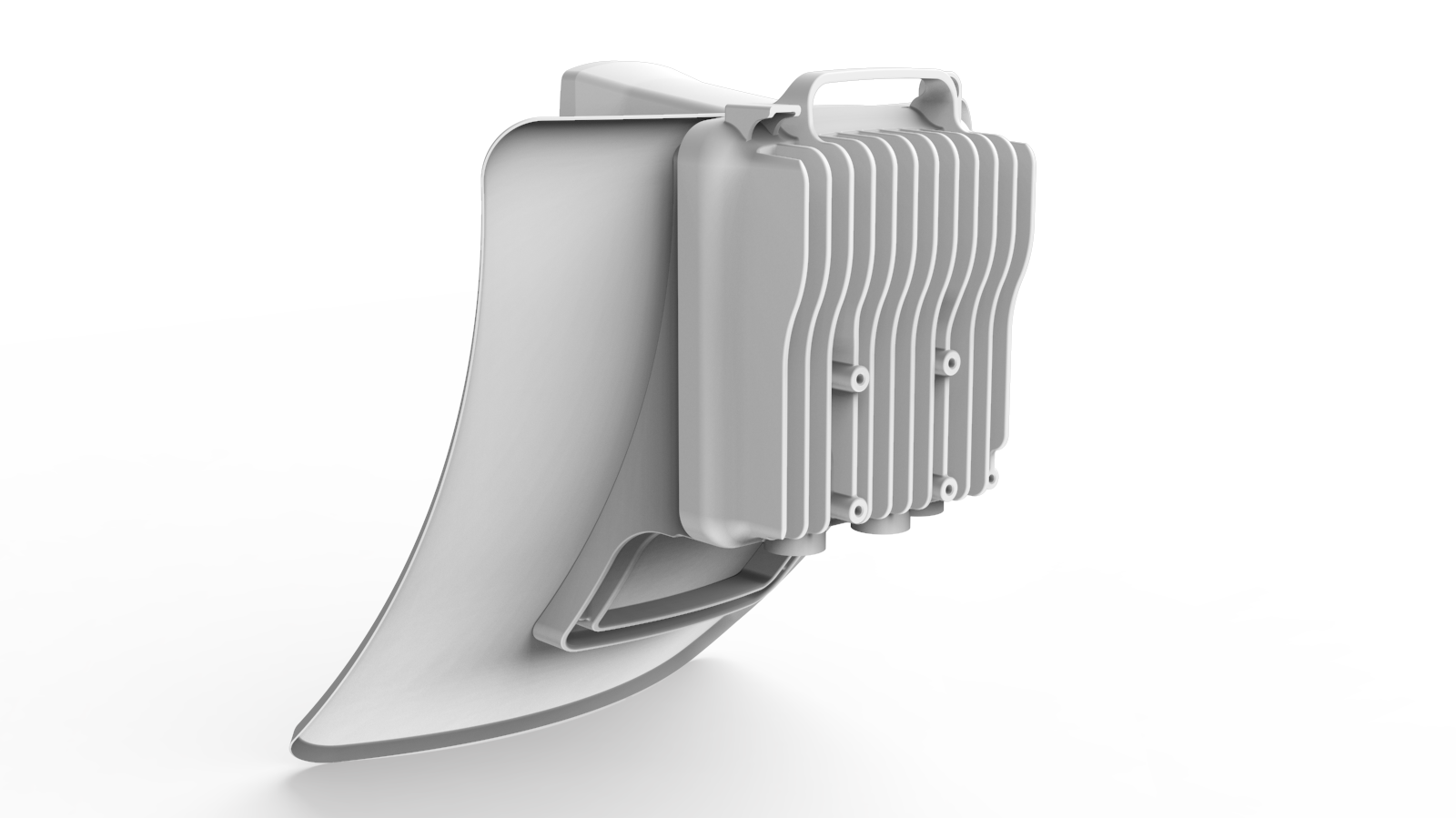 White plastic motorcycle radiator with vertical fins and brackets