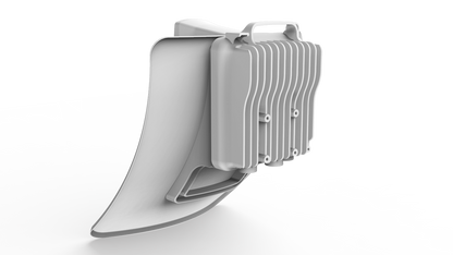 White plastic motorcycle radiator with vertical fins and brackets
