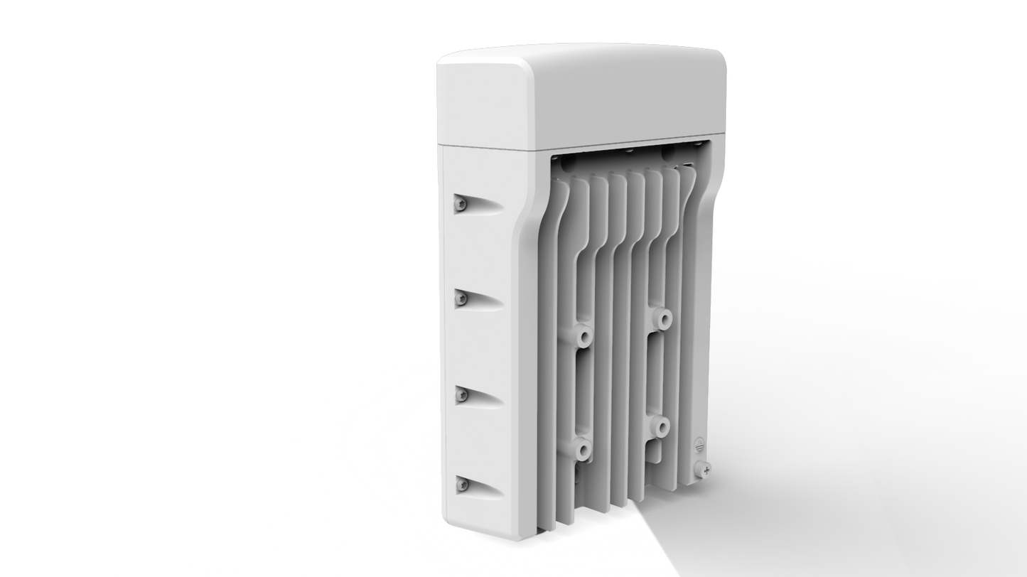 Cambium Networks cnWave V5000 back view with white plastic fins and mounting hardware