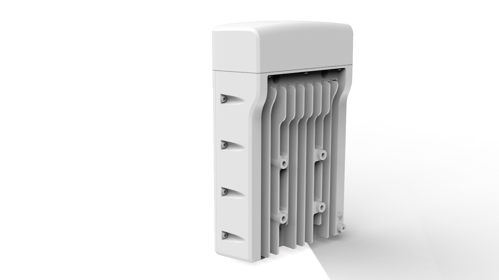 Cambium Networks cnWave V5000 back view with white plastic fins and mounting hardware