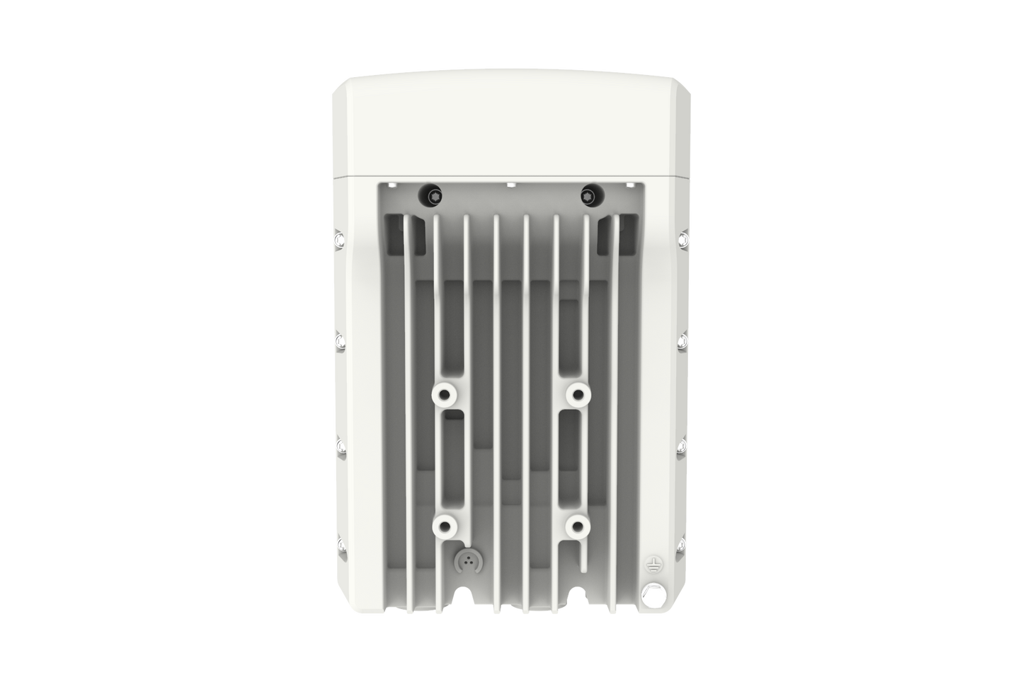 Back of Cambium Networks cnWave V5000 DN with white plastic fixture, cooling fins