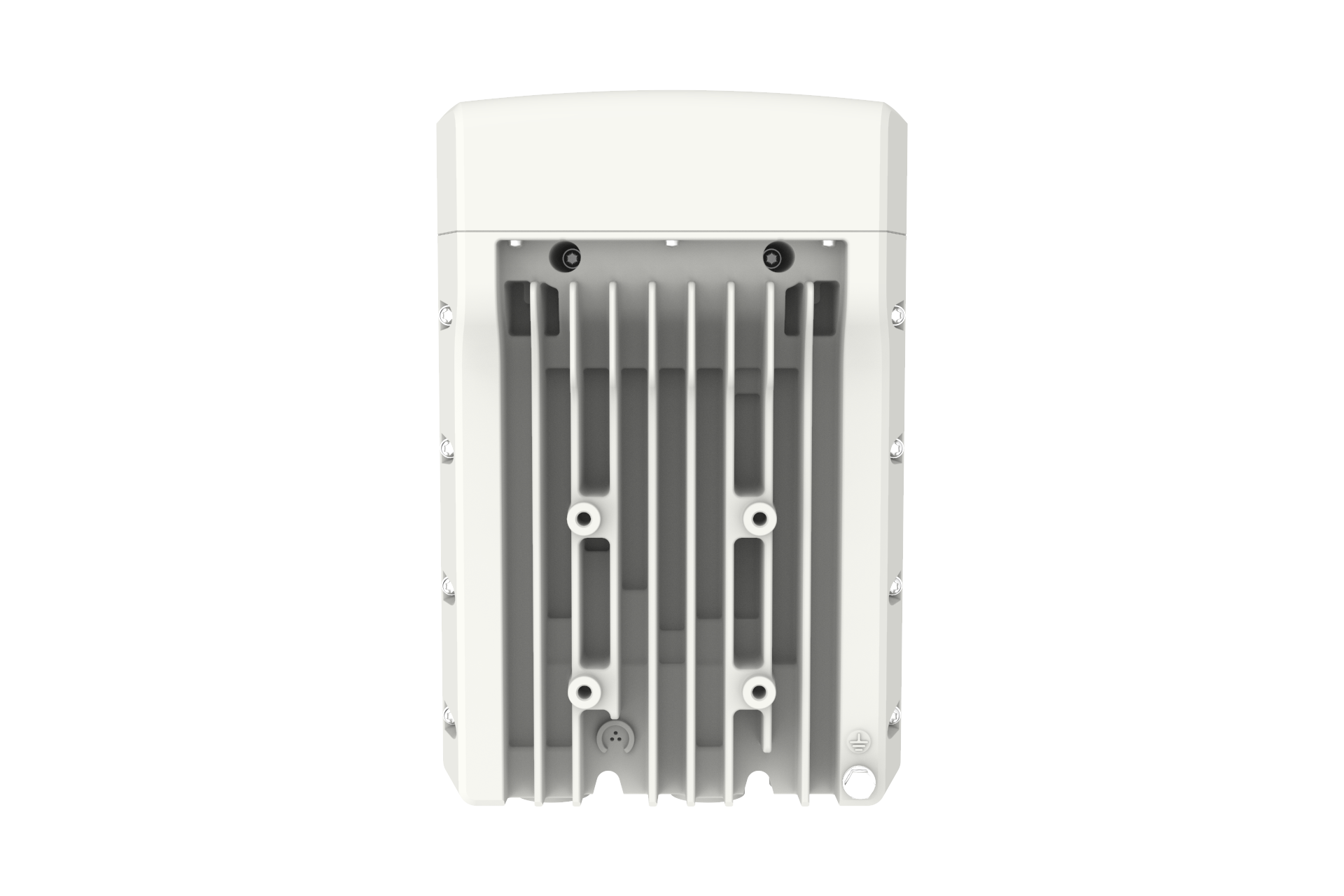 Back of Cambium Networks cnWave V5000 DN with white plastic fixture, cooling fins