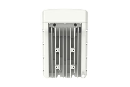 Back of Cambium Networks cnWave V5000 DN with white plastic fixture, cooling fins