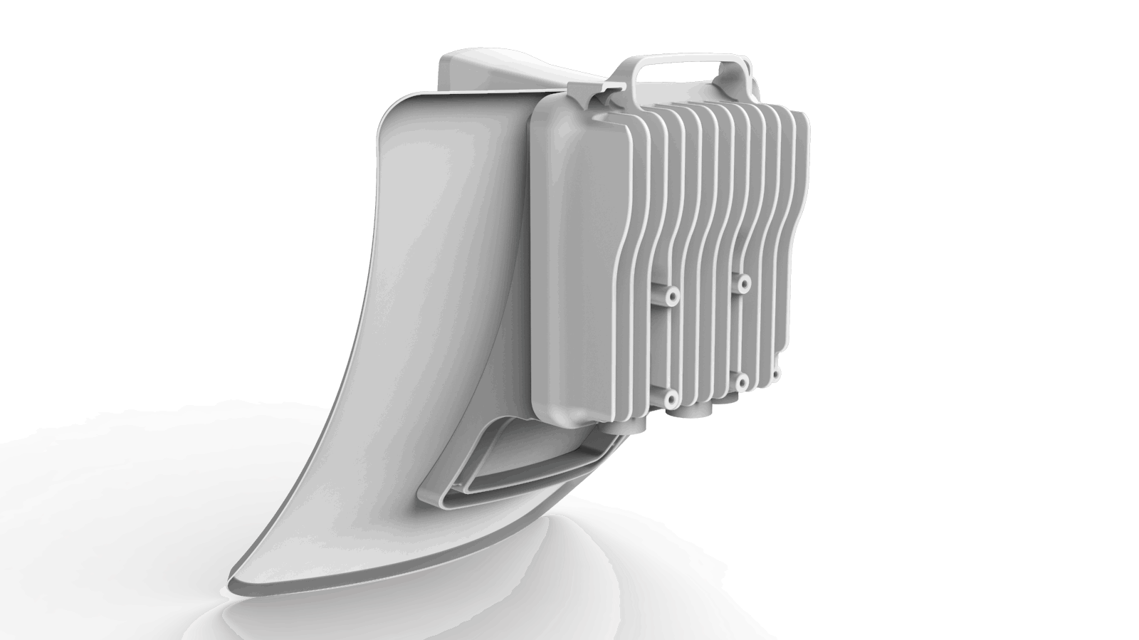 White plastic motorcycle radiator with vertical fins and brackets