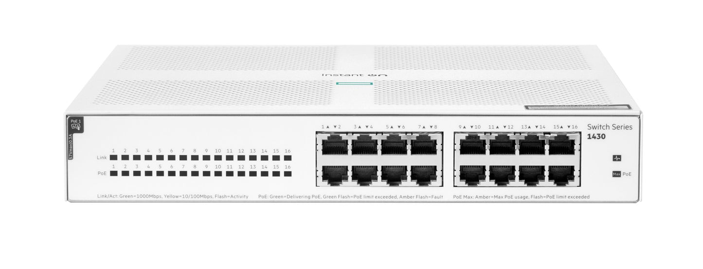 HPE R8R48A | Aruba Instant On 1430 Series 16 x 1GbE PoE Ports, 124W, AU Plug