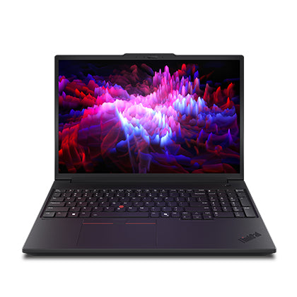 Black Lenovo ThinkPad P16v Gen 3 workstation with colorful display