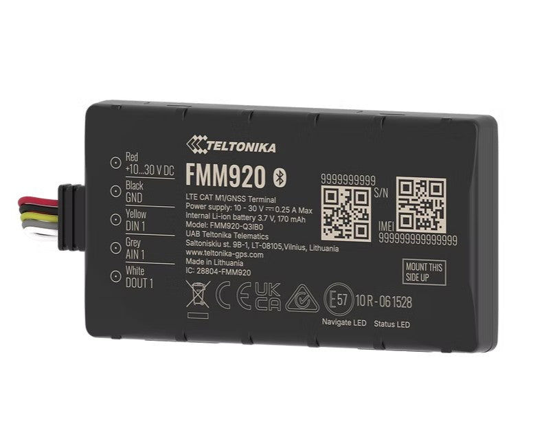 Black teltonika fmm920 compact 4g lte cat m1 gps tracker with multi-colored wiring connector and white text specs