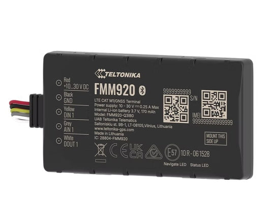 Black teltonika fmm920 compact 4g lte cat m1 gps tracker with multi-colored wiring connector and white text specs