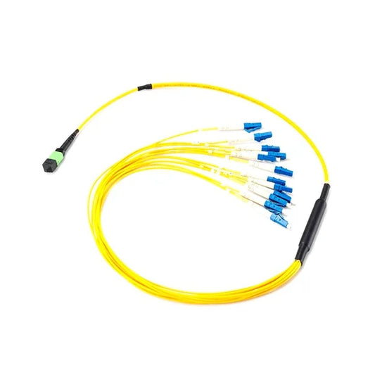 Juniper mtp-4lc-s5m yellow fiber optic cable with blue connectors and black housing for smf passive breakout 5m