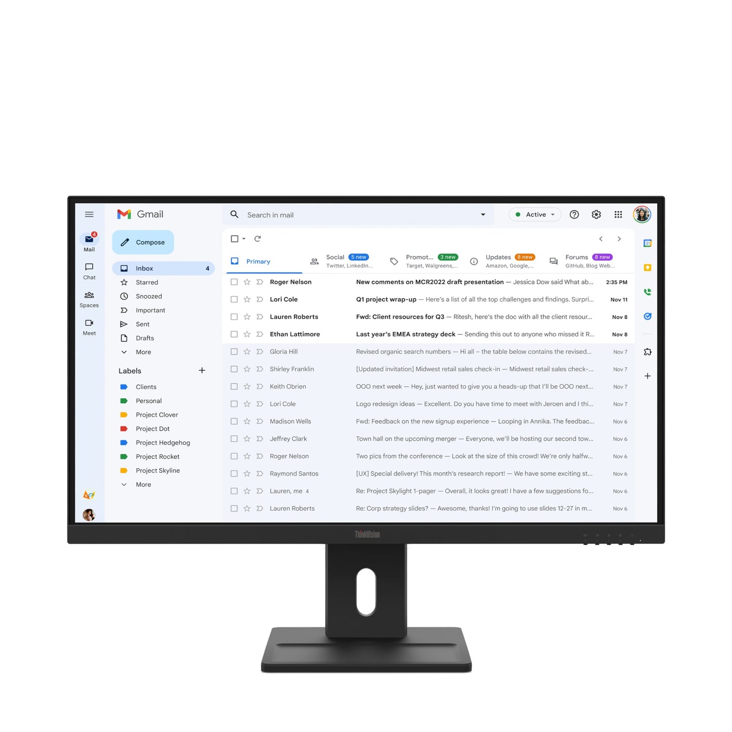 Lenovo ThinkVision E27 27-inch FHD IPS monitor displaying Gmail inbox