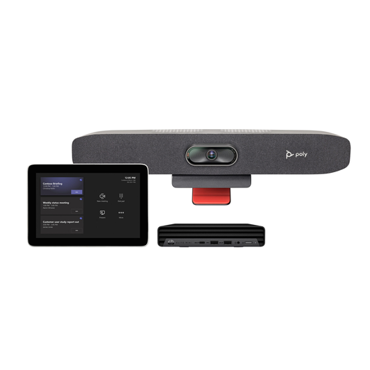 Poly R30 USB video bar with black textured camera, red accent, 24-inch display