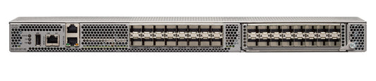 Silver metal-framed hpe s1r84a sn6610c 32gb fibre channel switch with 32 ports 24 active and ventilation grilles