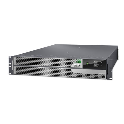 APC SRTL5KRM2UI black metal server rack with perforated panel and green LEDs