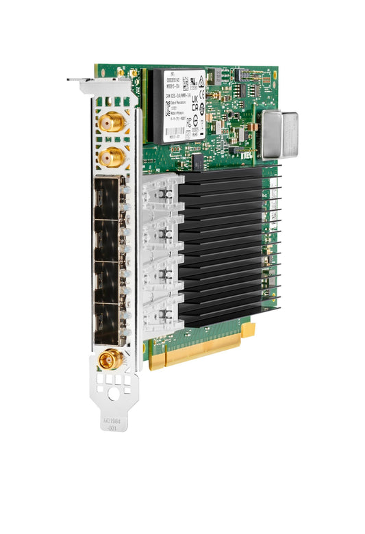 Hpe p41636-b21 green circuit board 4-port 10/25gbe sfp28 network card with gold connectors and black heat sink