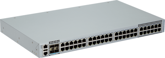 Gray metal arista dcs-7010tx-48c-dc-f 48-port gigabit network switch with ethernet ports and ventilation grilles back view