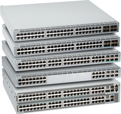 Stack of five Arista CCS-720XP-48ZC2-2F silver network switches