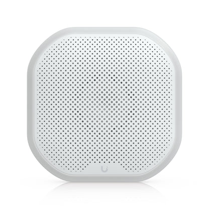 White octagonal ubiquiti usl-siren speaker with perforated grille and unifi logo designed for outdoor security use