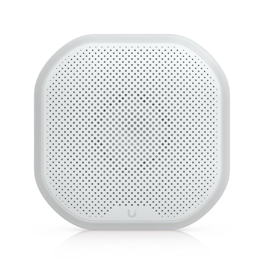 White octagonal ubiquiti usl-siren speaker with perforated grille and unifi logo designed for outdoor security use
