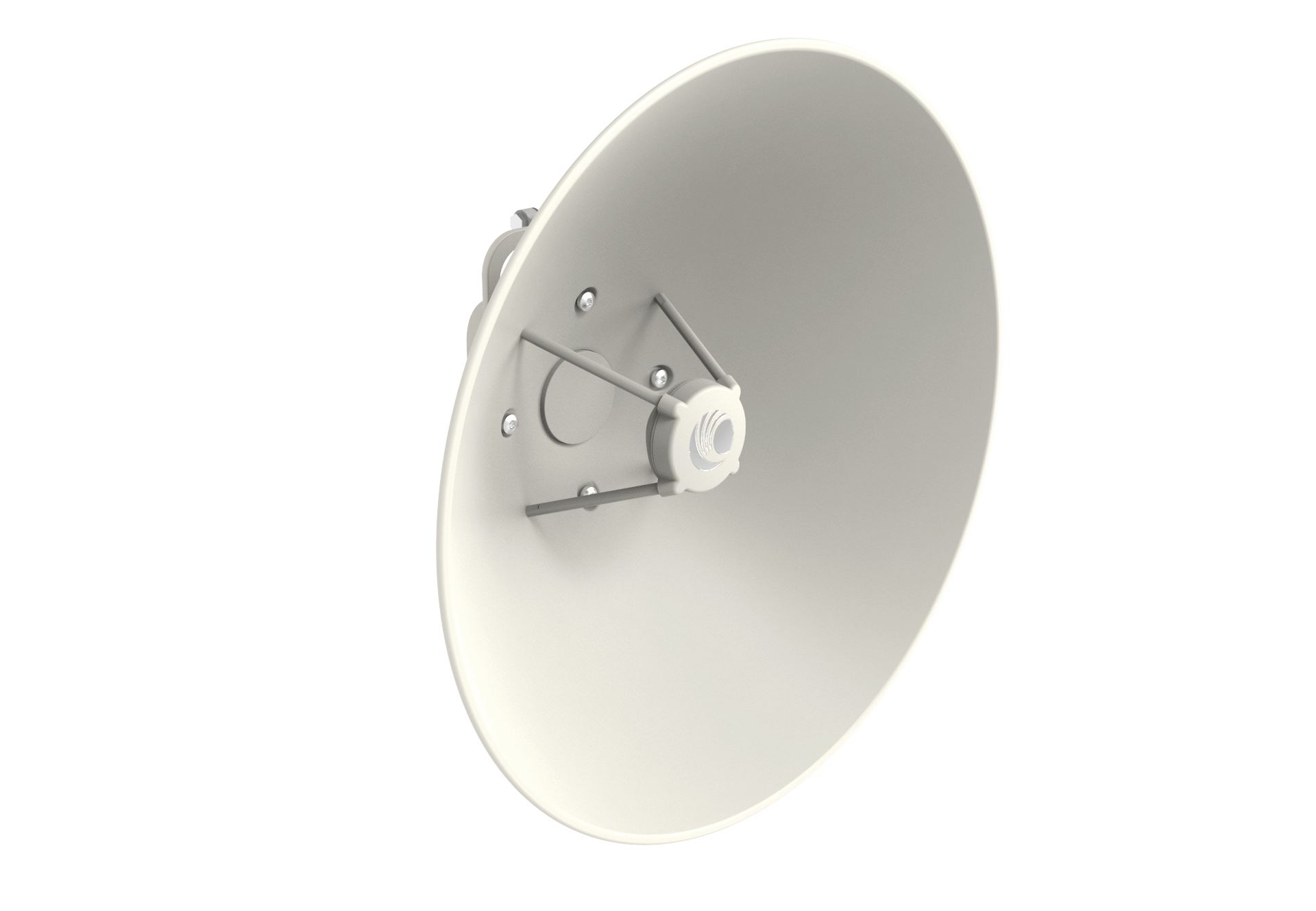 Cambium cnWave C100 28 GHz white circular satellite dish with feed horn