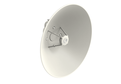 Cambium cnWave C100 28 GHz white circular satellite dish with feed horn