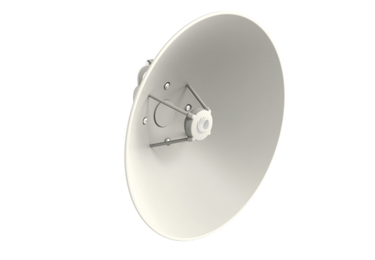 Cambium cnWave C100 28 GHz white circular satellite dish with feed horn