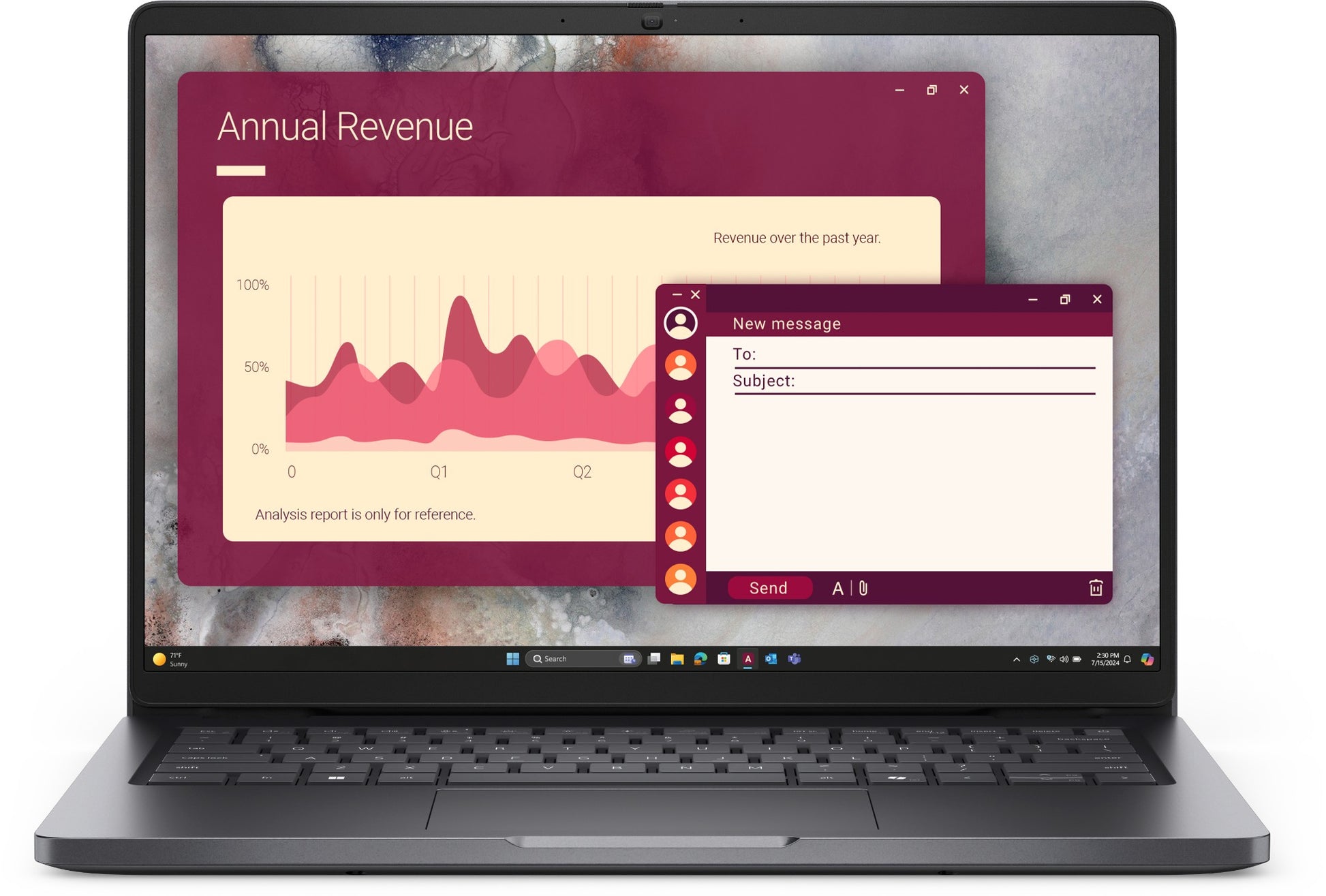 Dell Pro 14 PC14250 laptop displaying financial dashboard and email on 14-inch FHD+ screen