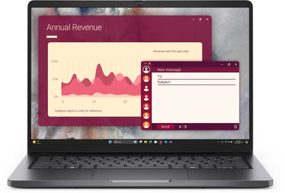 Dell Pro 14 PC14250 laptop displaying financial dashboard and email on 14-inch FHD+ screen