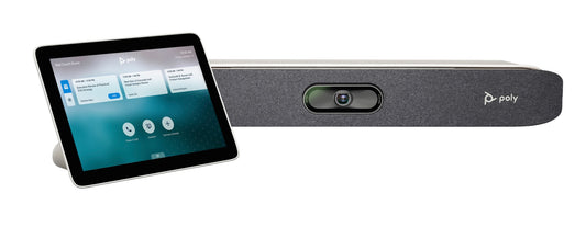 Poly Studio X30 black matte video conferencing camera with 43-inch display
