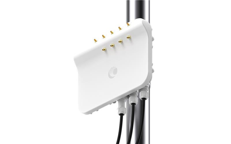 White rectangular cambium networks ePMP 4500C 5 GHz connectorized outdoor access point showing gold antenna connectors and black cables