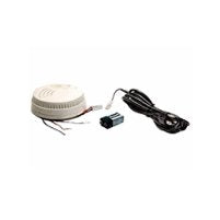 Opgear emd5779-qa white circular wired smoke detector with black wiring and small cylindrical component beside it