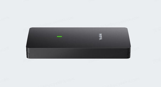 Black rectangular yealink vch51 pro content sharing hub with usb-c and green indicator light for meetingbar use