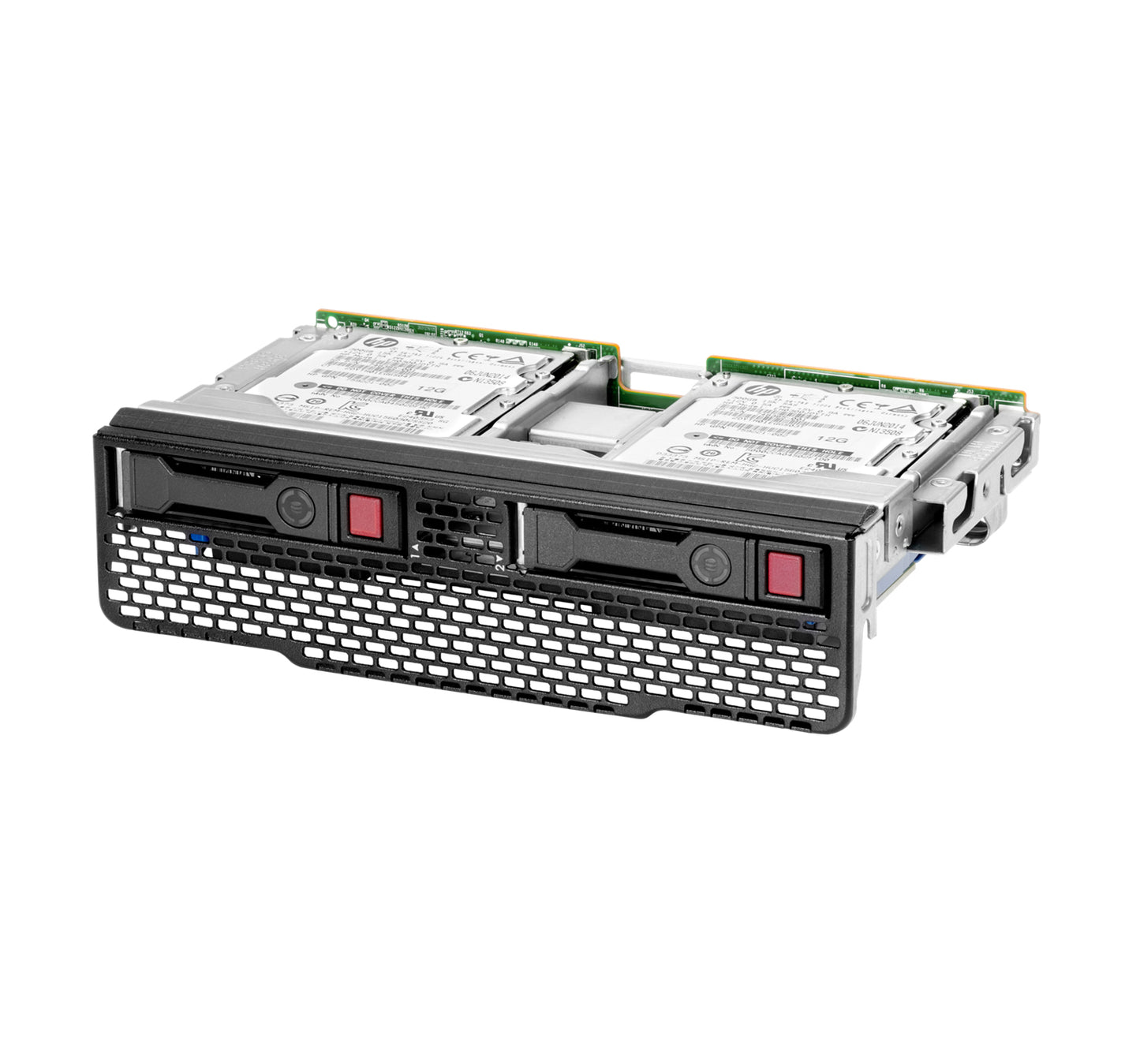 Black hp server hard drive bay with two internal drives and red indicator lights for hpe synergy 480 gen10 plus