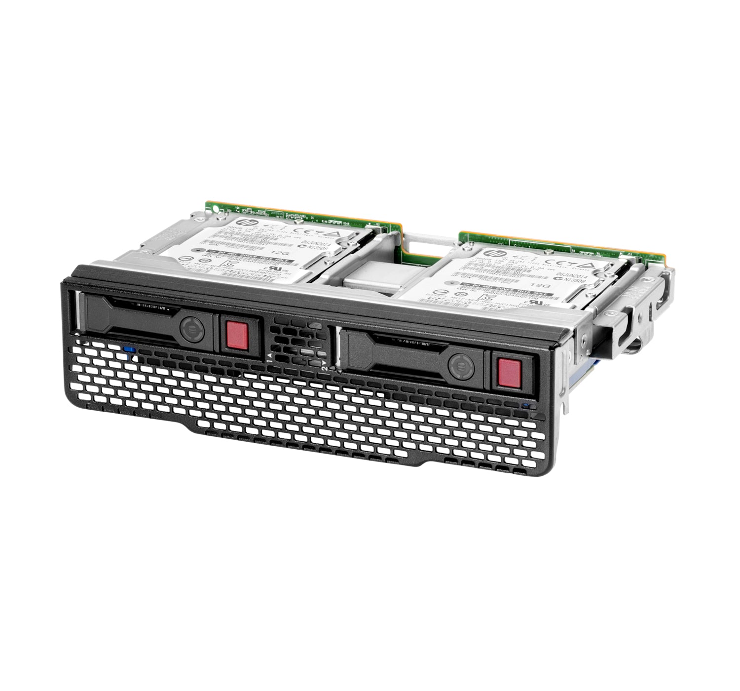 Black hp server hard drive bay with two internal drives and red indicator lights for hpe synergy 480 gen10 plus
