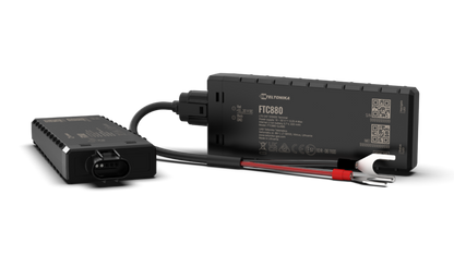 Black rectangular teltonika ftc880 4g lte cat 1 vehicle gps tracker with certification marks on the back side