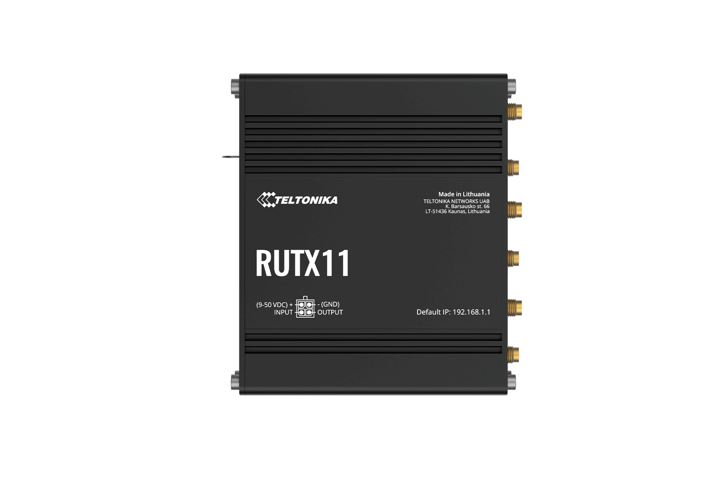 Black Teltonika RUTX11 LTE Cat 6 router side with gold connectors