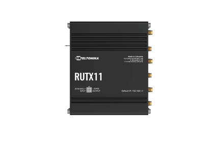 Black Teltonika RUTX11 LTE Cat 6 router side with gold connectors