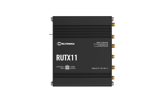 Black Teltonika RUTX11 LTE Cat 6 router side with gold connectors