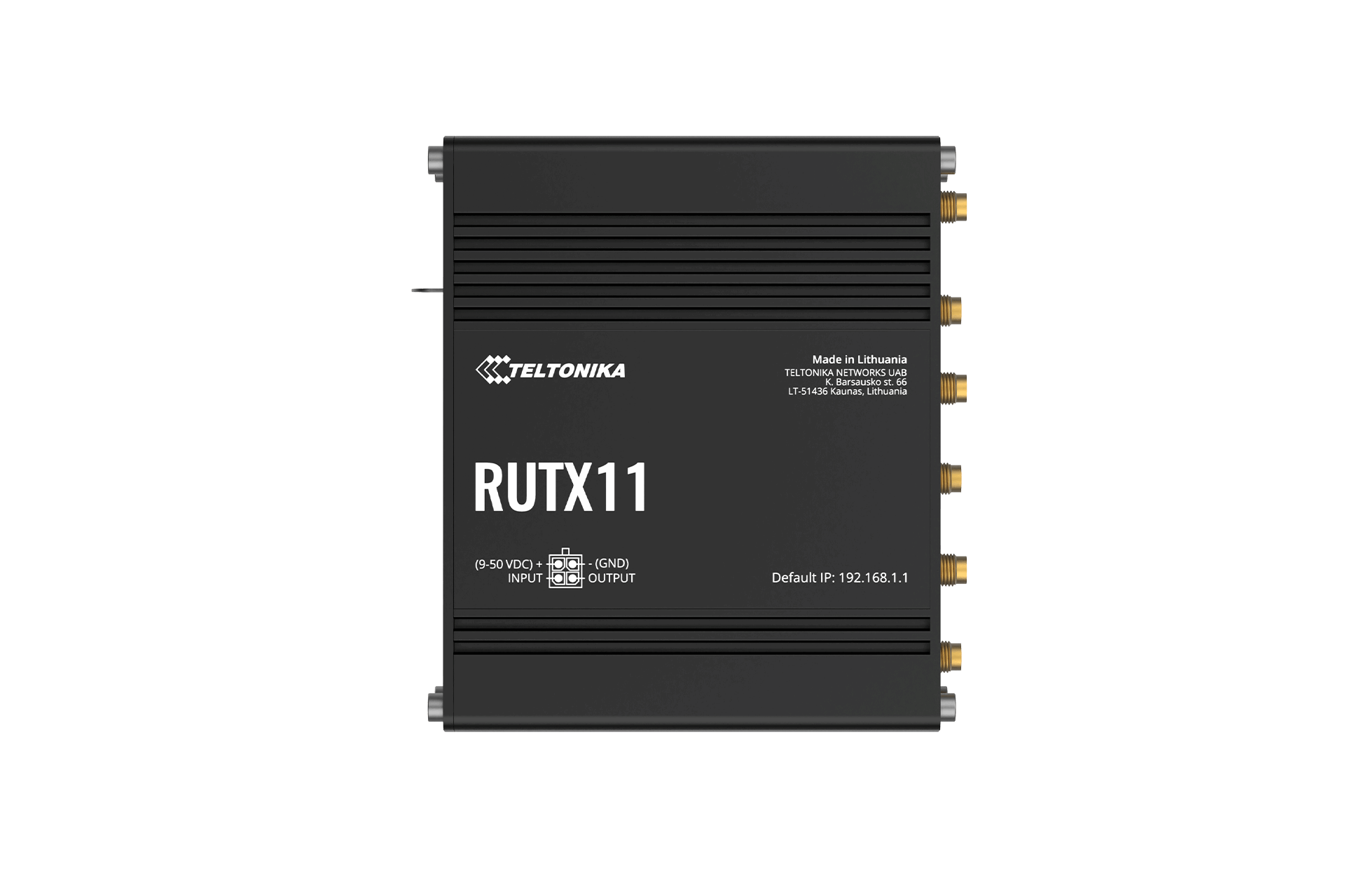 Black Teltonika RUTX11 LTE Cat 6 router side with gold connectors