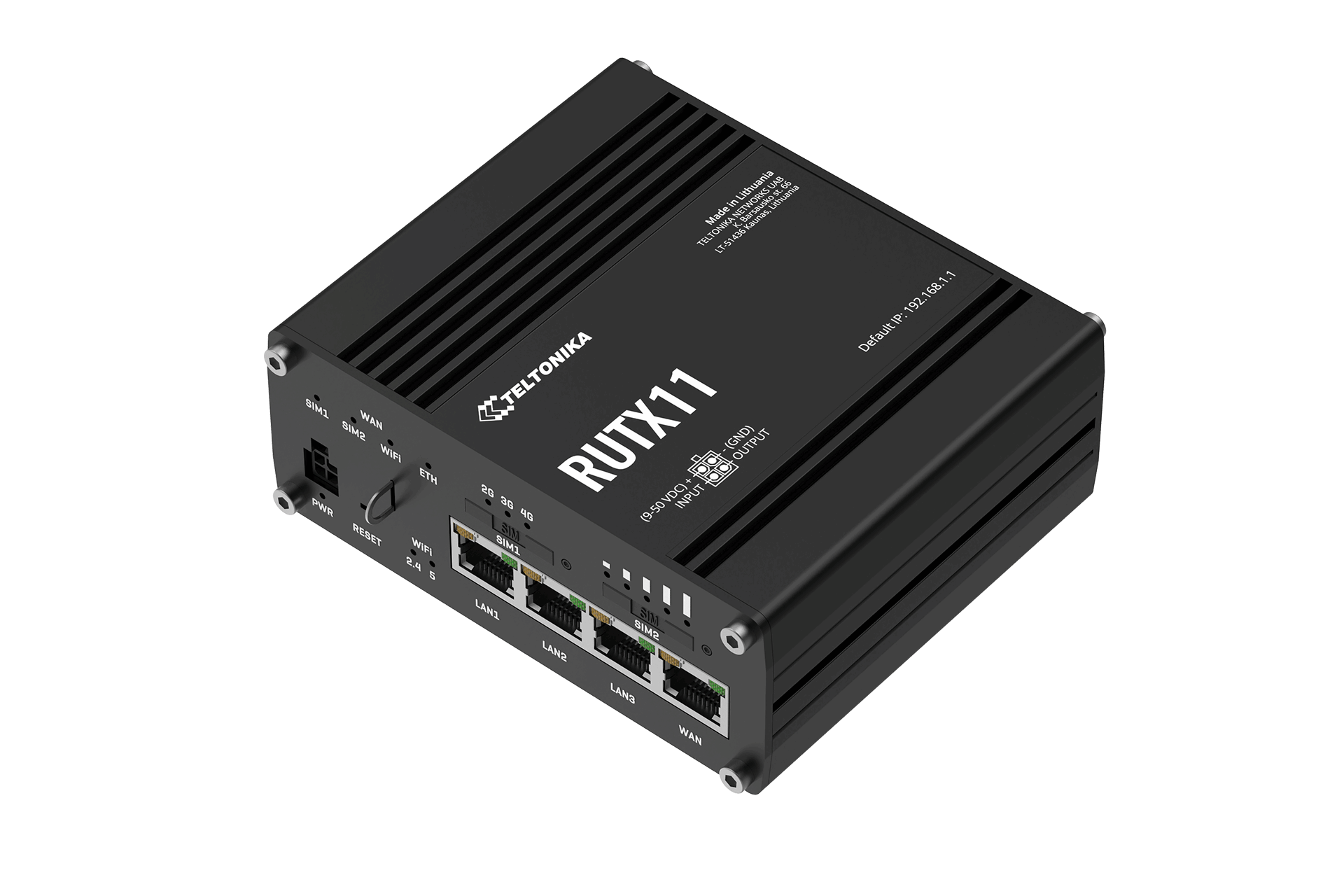 Black Teltonika RUTX11 LTE Cat 6 router with Ethernet and USB ports