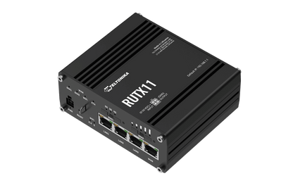 Black Teltonika RUTX11 LTE Cat 6 router with Ethernet and USB ports