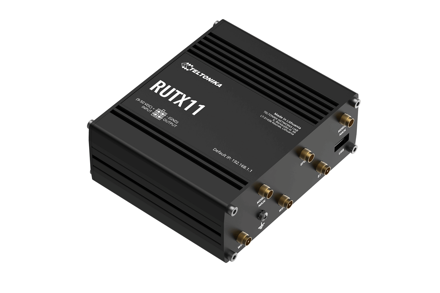 Black Teltonika RUTX11 LTE Cat 6 router with gold antenna connectors