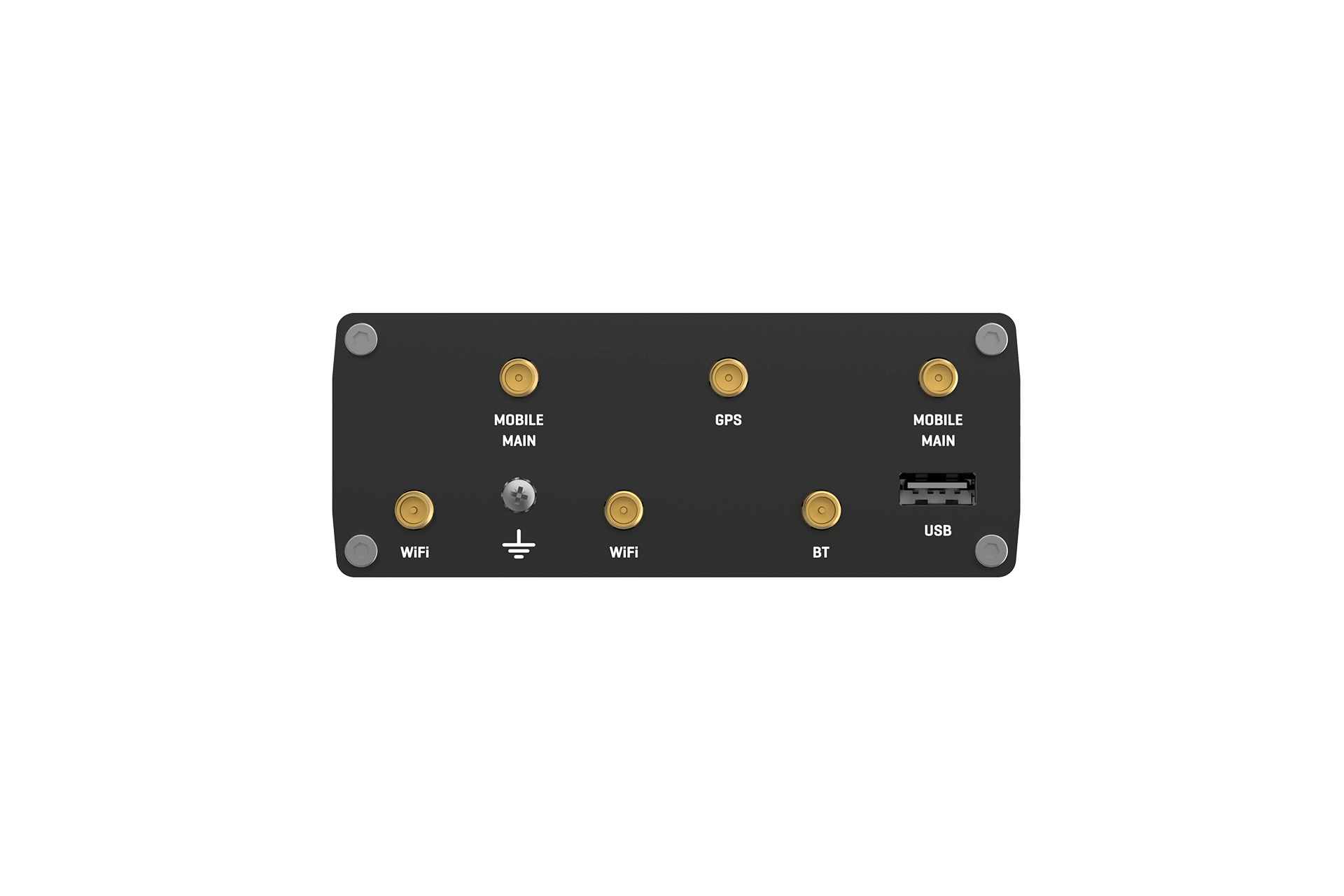 Teltonika RUTX11 LTE Cat 6 router back with labeled ports: mobile main, GPS, WiFi, BT, power, USB