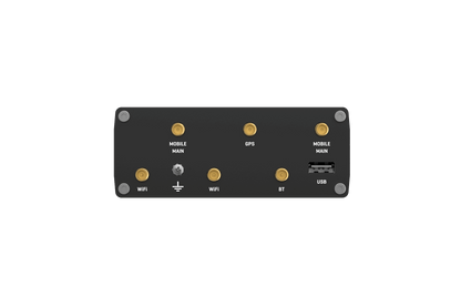 Teltonika RUTX11 LTE Cat 6 router back with labeled ports: mobile main, GPS, WiFi, BT, power, USB